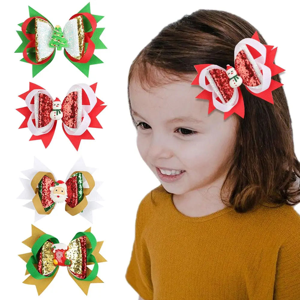 

4" Christmas Glitter Bow Hair Clips Santa Christmas Tree Hairpins Children Girls Cartoon Baby Snowman Barrettes Hair Accessories
