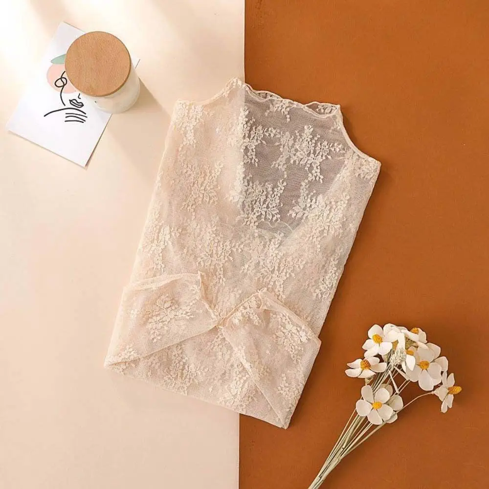 Sweet Mesh Transparent T-shirt Long Sleeve Hollow Lace Floral Shirts Sheer Tees Thin Lace Bottomed Blouse Spring Autumn