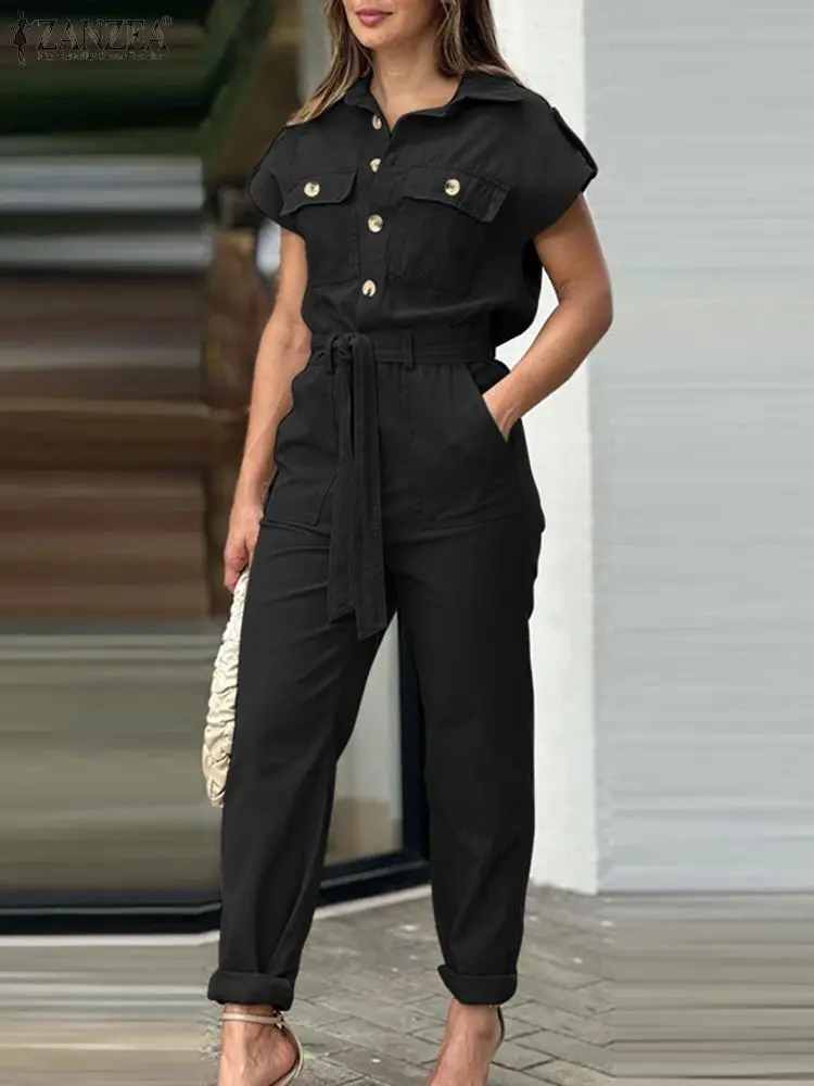

ZANZEA Woman Vintage Work Jumpsuits Fashion OL Solid Playsuits Short Sleeve Lapel Neck Rompers Casual Cargo Overalls Oversized
