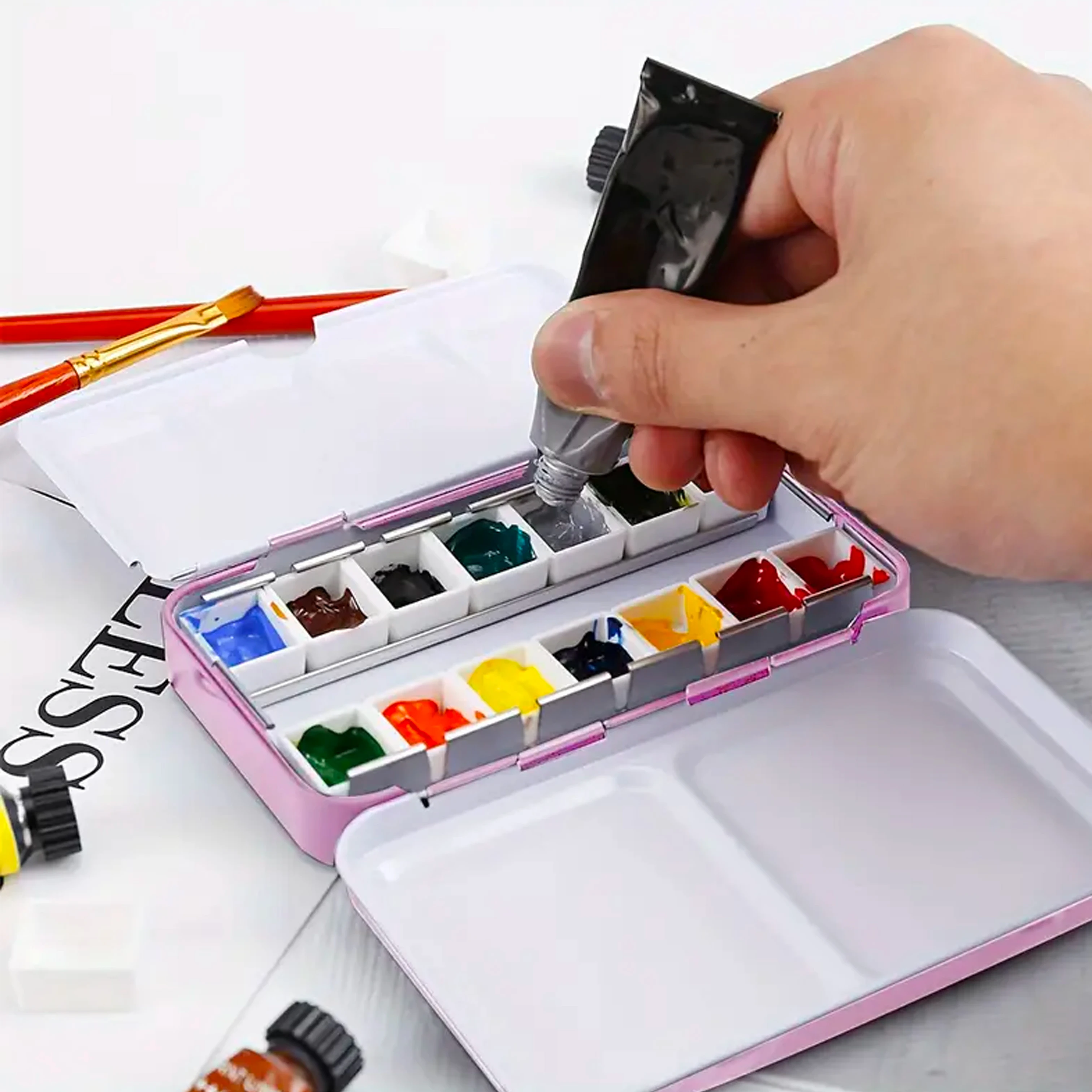 Empty Watercolor Palette, Empty Watercolor Tin with Fold Out Palette,14pcs Empty Half Pans Paint Case for Travel Painting 4