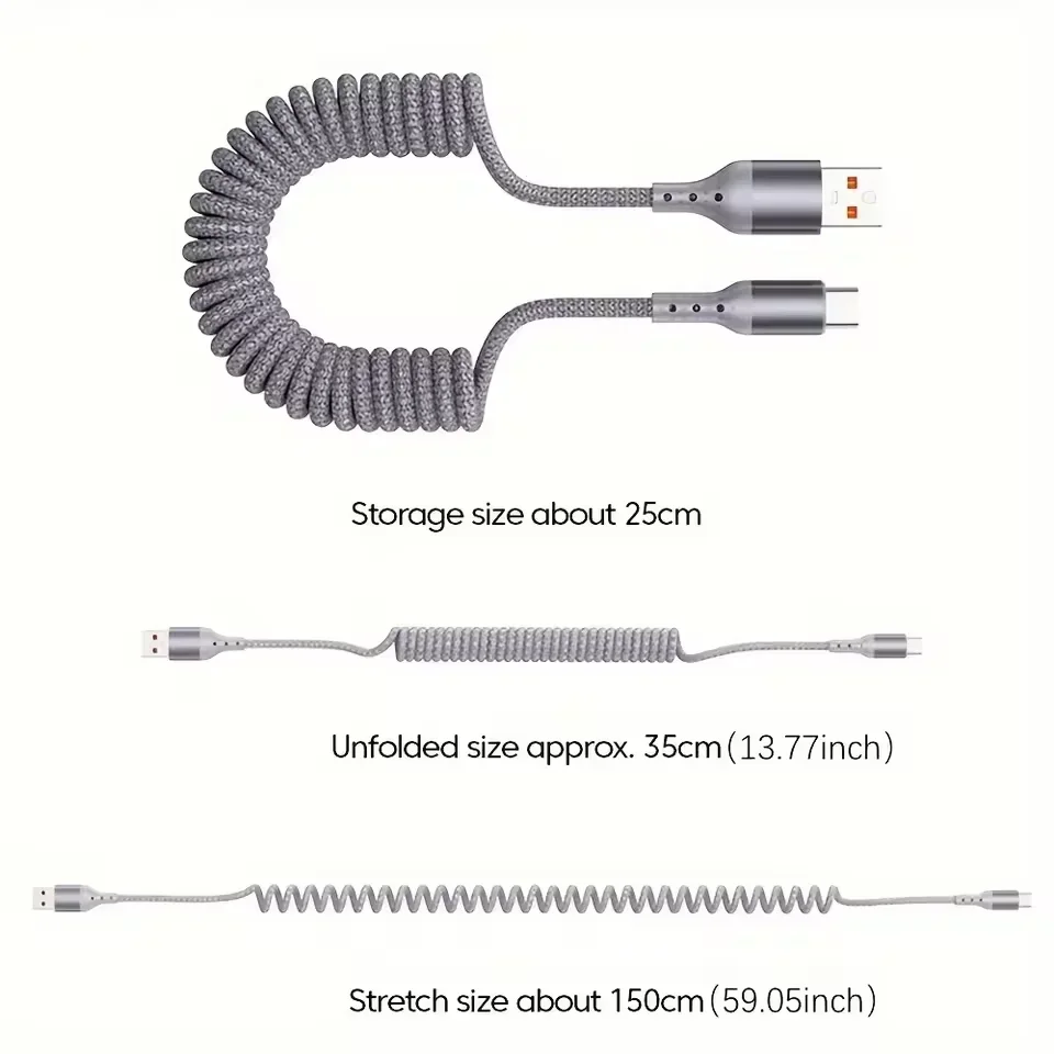รูปสินค้า สายชาร์จสปริง USB-C 25-150 ซม. ชาร์จเร็ว 100W สำหรับมือถือ