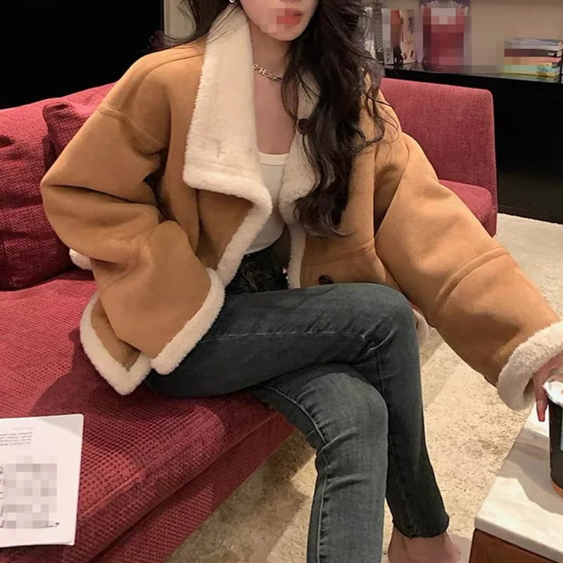 

Coats Women Lamb Wool Coat Thickened Loose Casual Turn Down Collar Winter Warm Splice Outerwear Single Breasted Solid Jackets