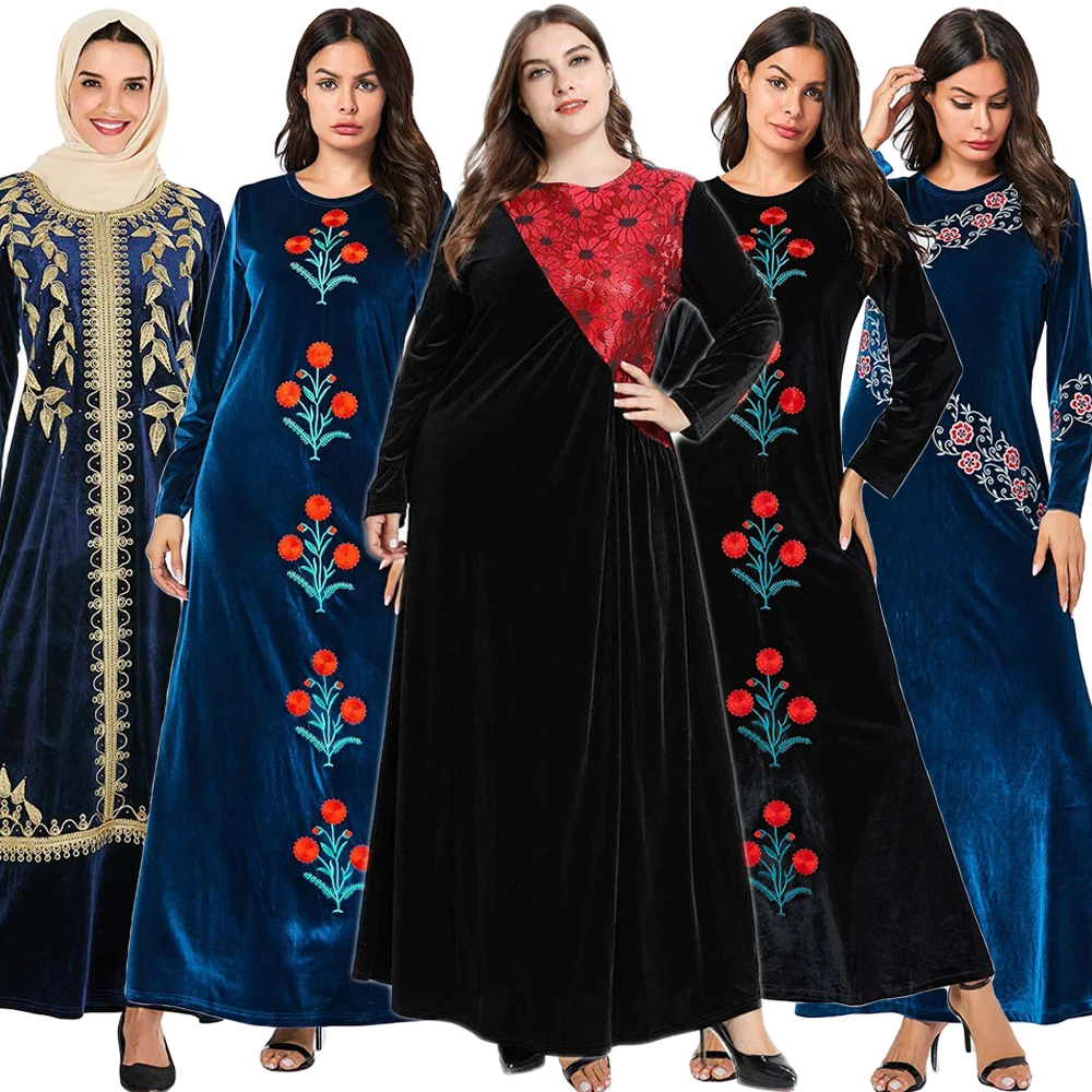 Embroidery Kaftan Arab Robe Muslim Women Velvet Long Maxi Dress Abaya Dubai Gown 