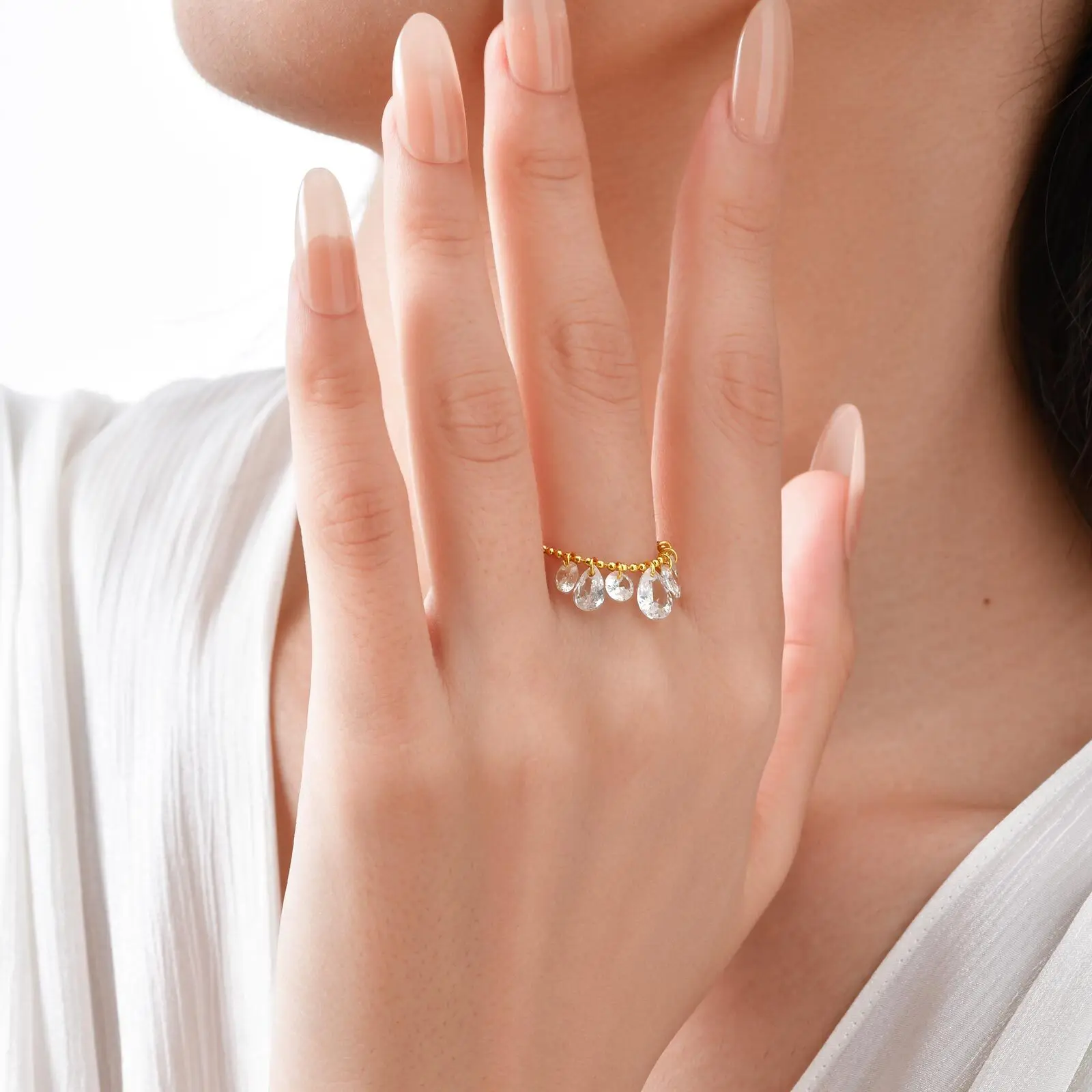 Dangling Beads Link Chain Ring for Women, Stainless Steel