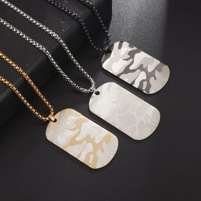 Stainless Steel Camouflage Military Uniform Dog Tag Pendant Necklace Men  and Women Hip-Hop Square Brand