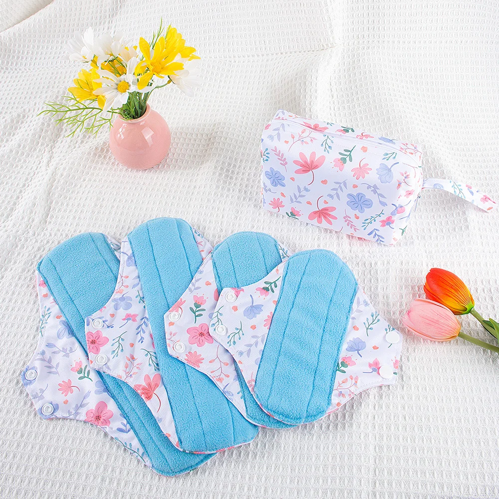 4pcs/Set Reusable Menstrual Pads Polar Fleece Menstrual Heavy Incontinence Pads with 1pc Cloth Mini Wet Bag