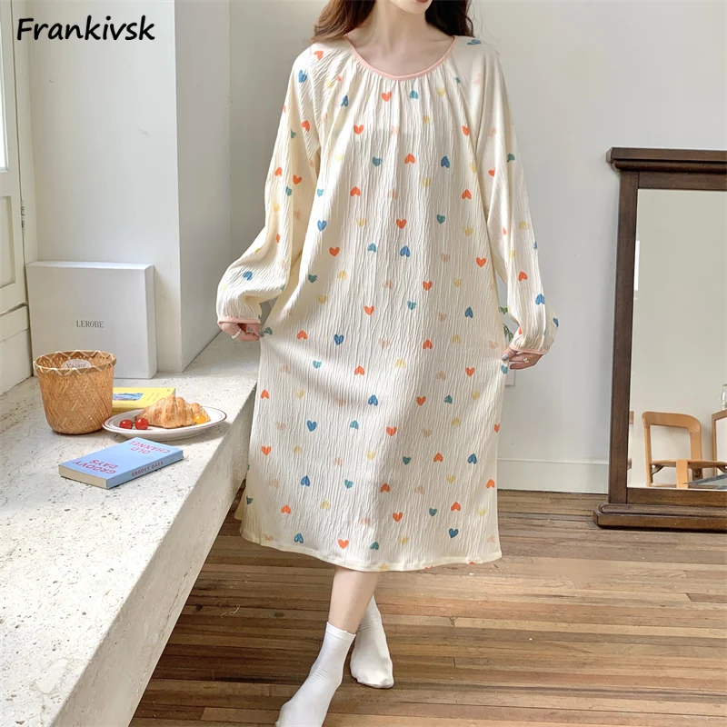 

Love-design Nightgowns for Women All-match Sweet Cozy Simple Korean Style Homewear Summer Cute Schoolgirls Long Sleeve Popular
