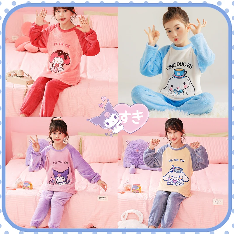 

Sanrioed Kids Pajamas Flannel Winter Warming Soft Long Sleeve Comfortable Anime Kuromi My Melody Cinnamoroll Cute Girls Gift