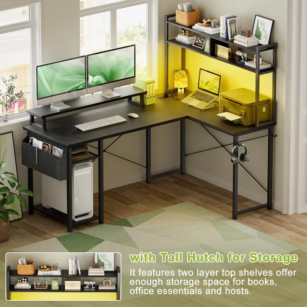 48" L-Shaped Gaming Desk with LED Lights, Power Outlets & Storage - Reversible Corner Desk for Home Office
