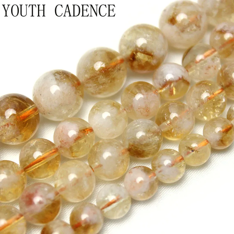 

Natural AA Quality White Cracks Yellow Citrine Crystal Stone Round Loose Beads 6 8 10mm For Jewelry Making DIY Bracelet 15"