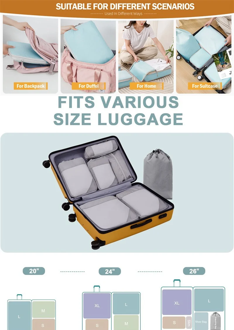 Breathable Mesh Travel Essentials, Packaging Cube, Hand Luggage Organizer, Compression Packaging, Lightweight, 8Pcs Set, 0280A 2