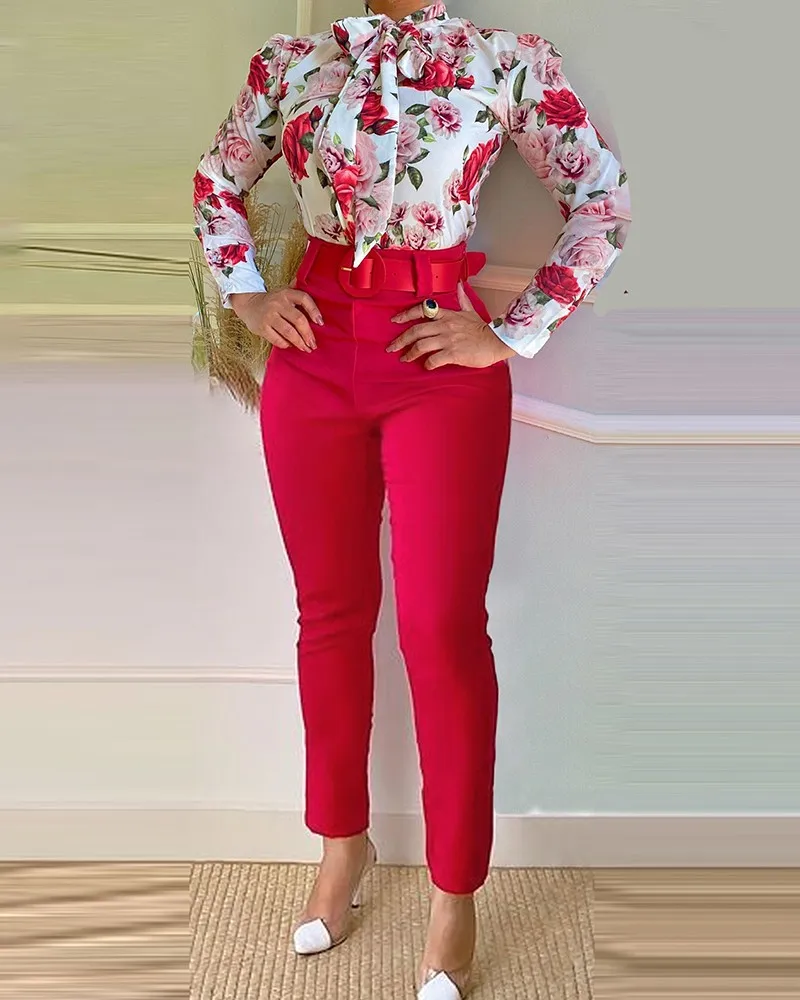 

2022 New Casual Women Fashion Floral Print Shirt Pants 2 Piece Set