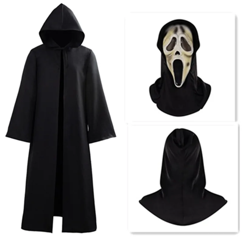 

Костюм для косплея Death Thanatos, Мужская черная накидка с капюшоном, страшная ведьма, искусственное пальто, искусственное платье, наряды