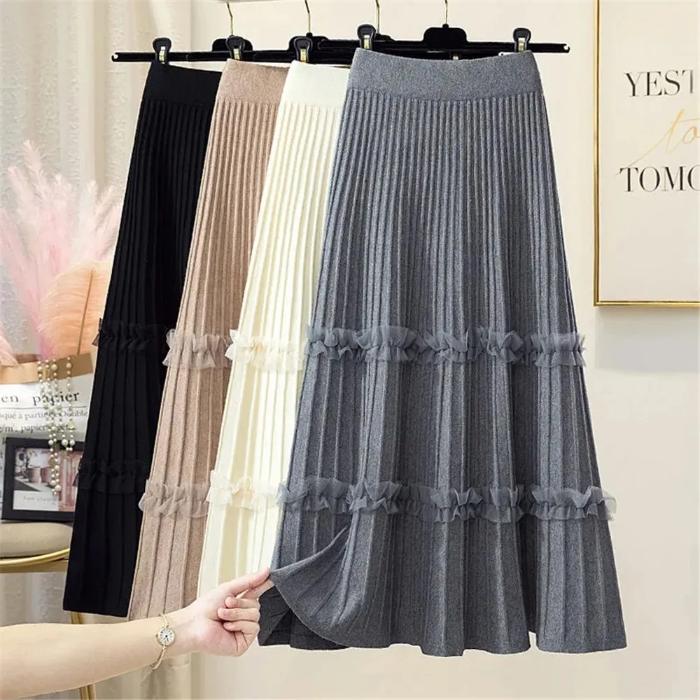 Lace Ruffle Knitted Midi Pleated Skirt Women Autumn Winter High Waist ...