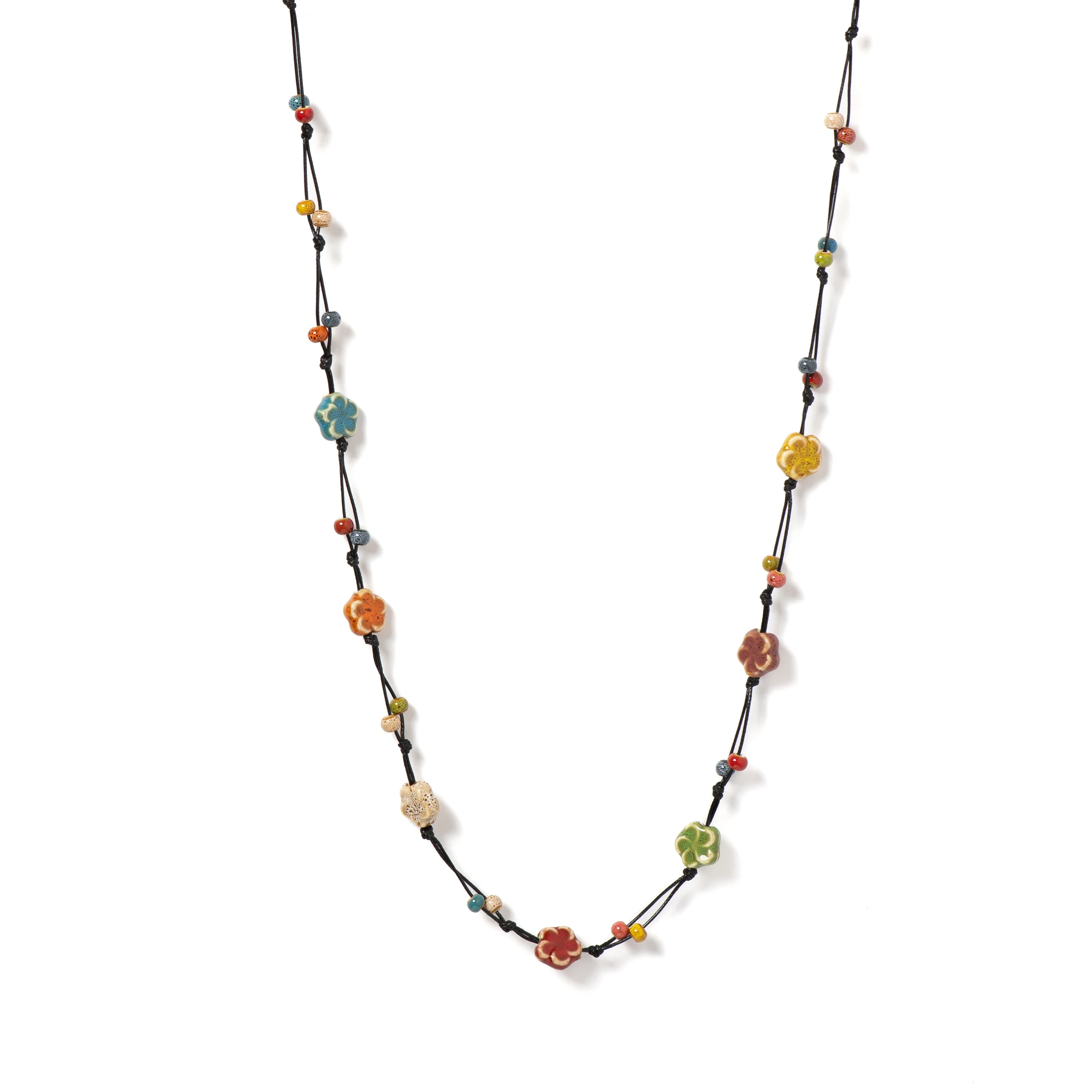 Handcrafted Bohemian Ceramic Necklace with Adjustable Wax Cord