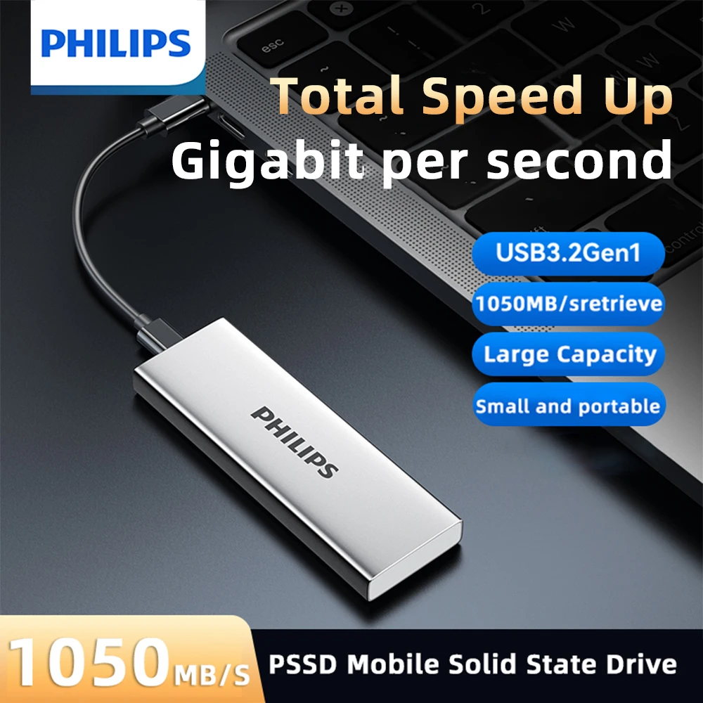 필립스 휴대용 SSD, 외장 하드 드라이브, 최대 속도 1050MB/s, USB 3.2 Gen 1, 게임 및 학생용 안정적인 저장 장치
