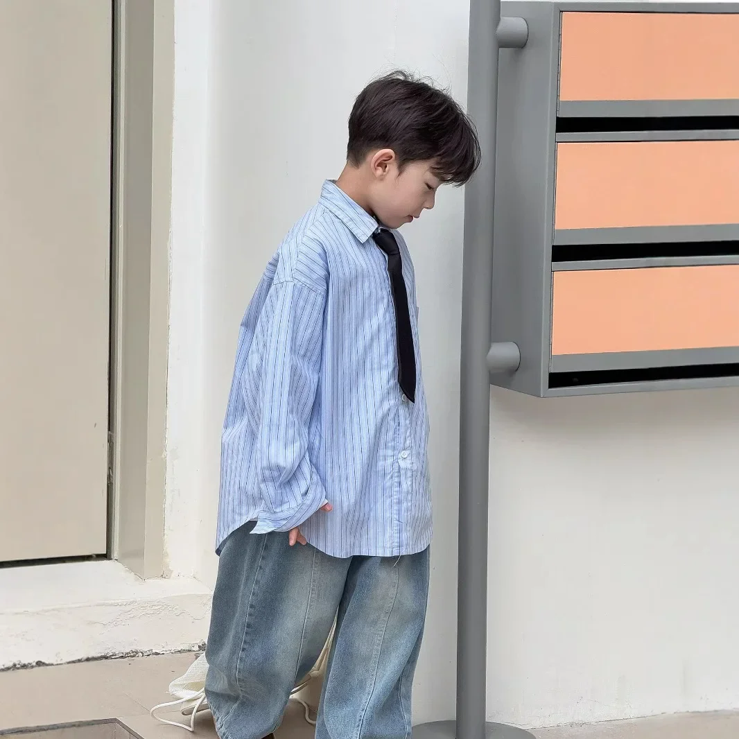 Blue Washed Cotton Shirt for Boys Spring Hot Sale Of The Season Korean Vertical Stripes School Style Tie Children's Clothing Top
