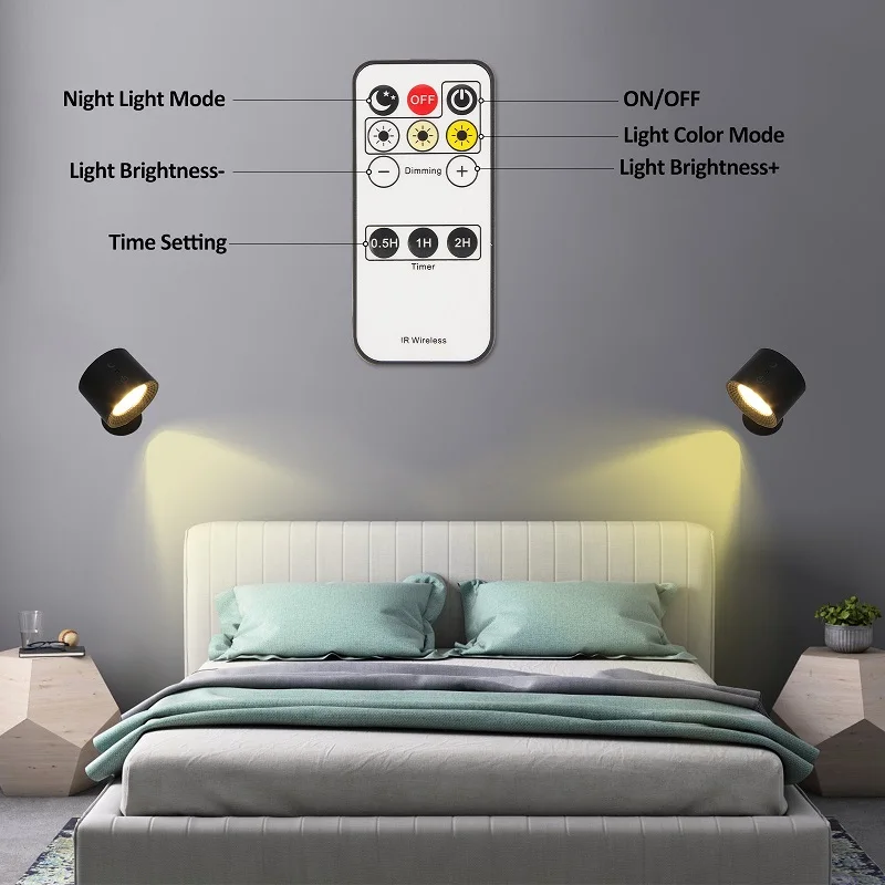

360°Rotation LED Wall Sconce, Led Night Light Rechargeable Brightness Changeable With Remote Controlled Lamp For Bedroom