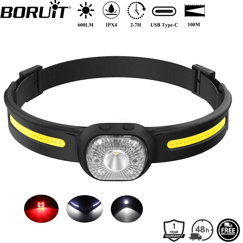 BORUiT GT20 600LM 모션 센서 LED 헤드램프 타입-C 충전식 750m..
