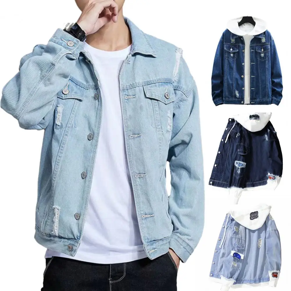 Men Patchwork Denim Jacket Men's Hooded Spring Coat with Color Matching Single-breasted Design Ripped Patch Pocket Long for Men