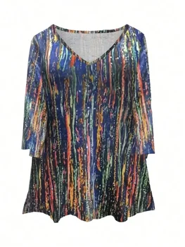 Women's Plus Size Fashionable Full Body Printed T-shirt Ladies Casual Long Sleeved Casual Loose T-shirt Versatile Elegant Top 2