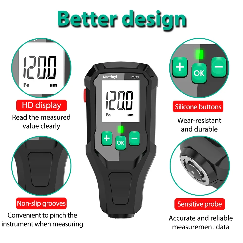 MASTFUYI FY893 Coating Thickness Gauge Digital Thickness Meter Car Paint Surface Tester 0-1350UM Car Paint Film Tester