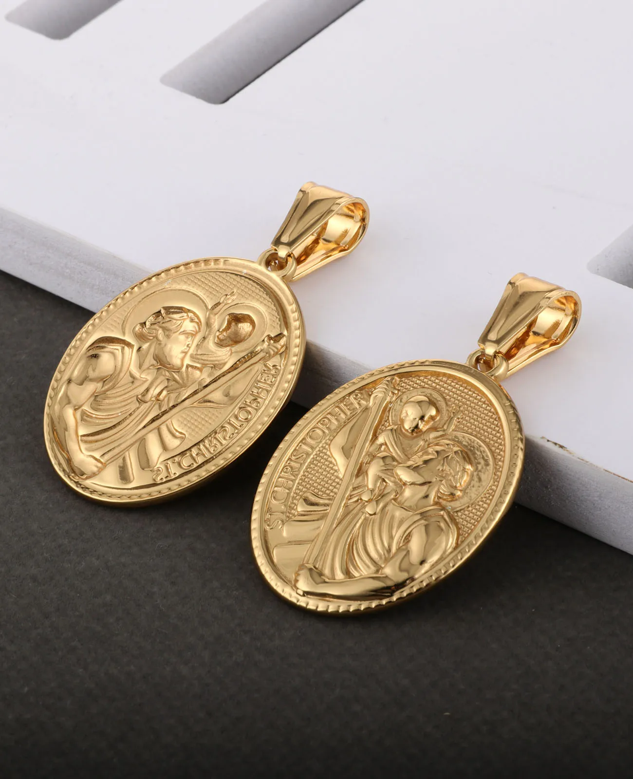 Diyalo 3-Farben-Edelstahl-Anhänger „Saint Christopher“, Amulett, DIY-Halskette, Konfirmation, Sakramente, religiöser Relief-Schmuck – Detail 4