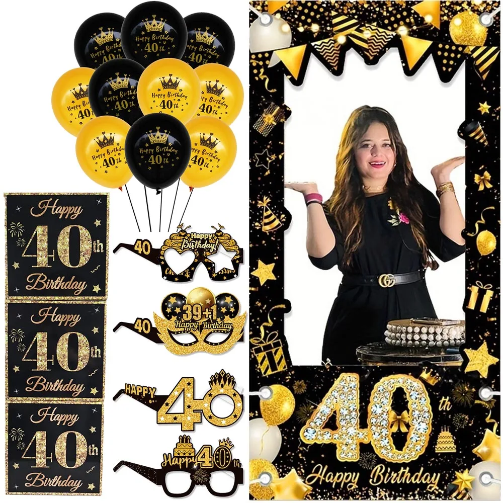 Elegant Black and Gold 40th Birthday Celebration Photo Backdrop and Party Decor Set