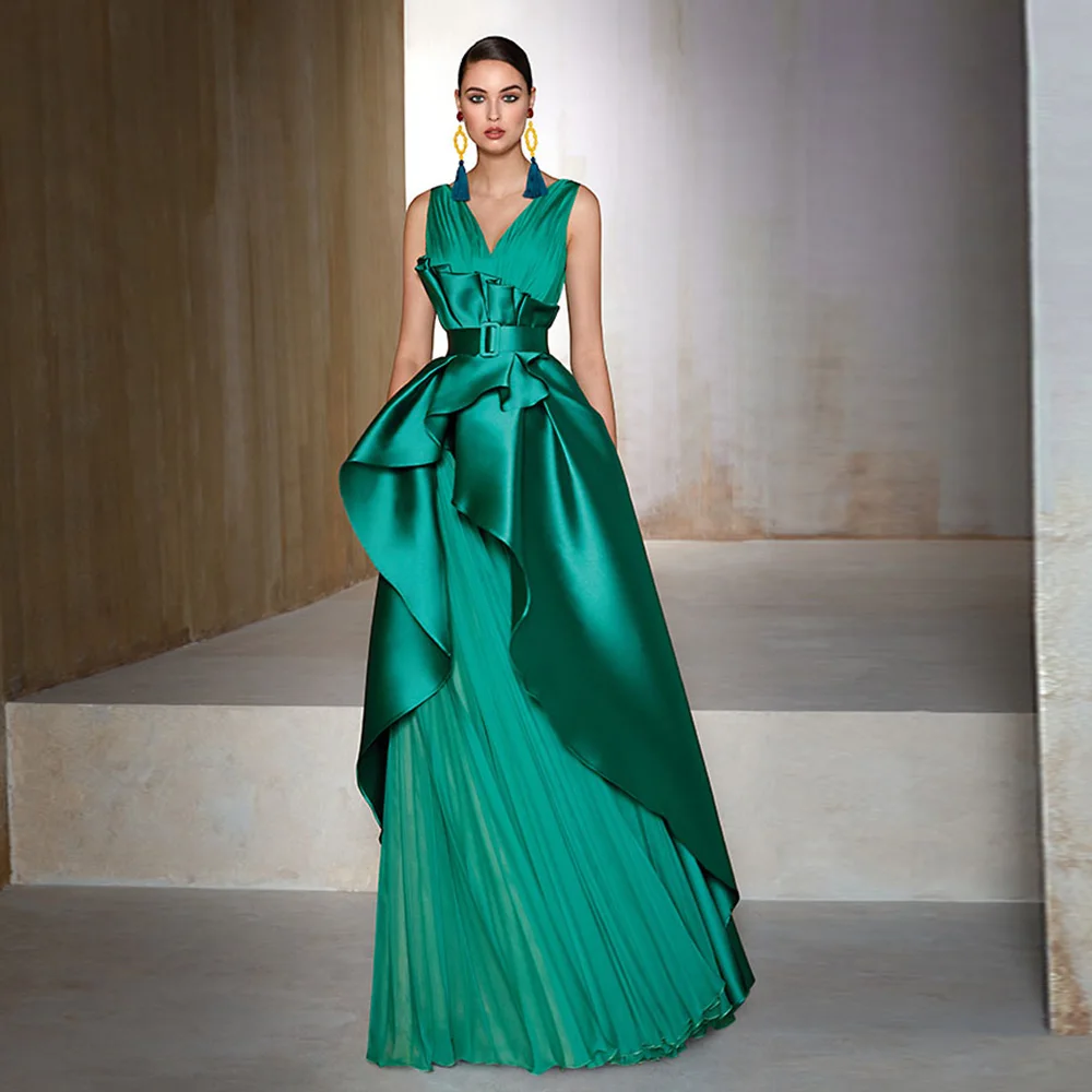 Elegant Green Mother of the Bride Dresses V Neck Sleeveless A-Line Wedding Party Gowns Pleat Floor-Length Robe De Soir&eacute;e Femme