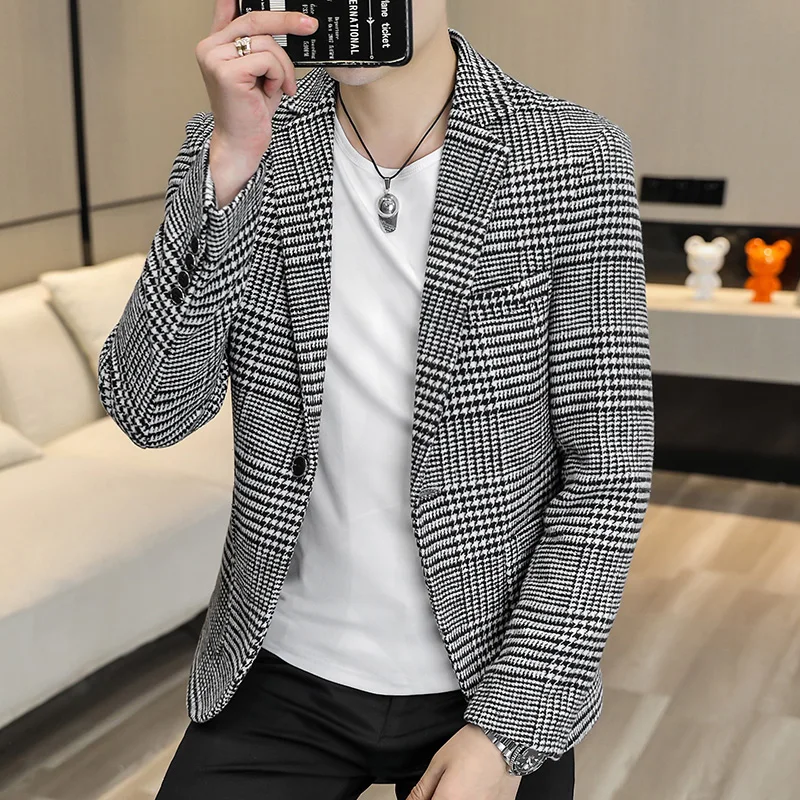 New Simple Atmosphere Men's Small Suit Korean Version Slim Top Handsome Casual Plaid Single Suit Trend Formal Coat Men 4