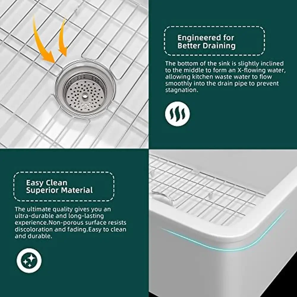 Large White Fireclay Kitchen Sink 32 Inch Drop In Single Bowl Topmount Dual Mount 32"x19"x10" Kit Includes Stainless Steel Grid 6