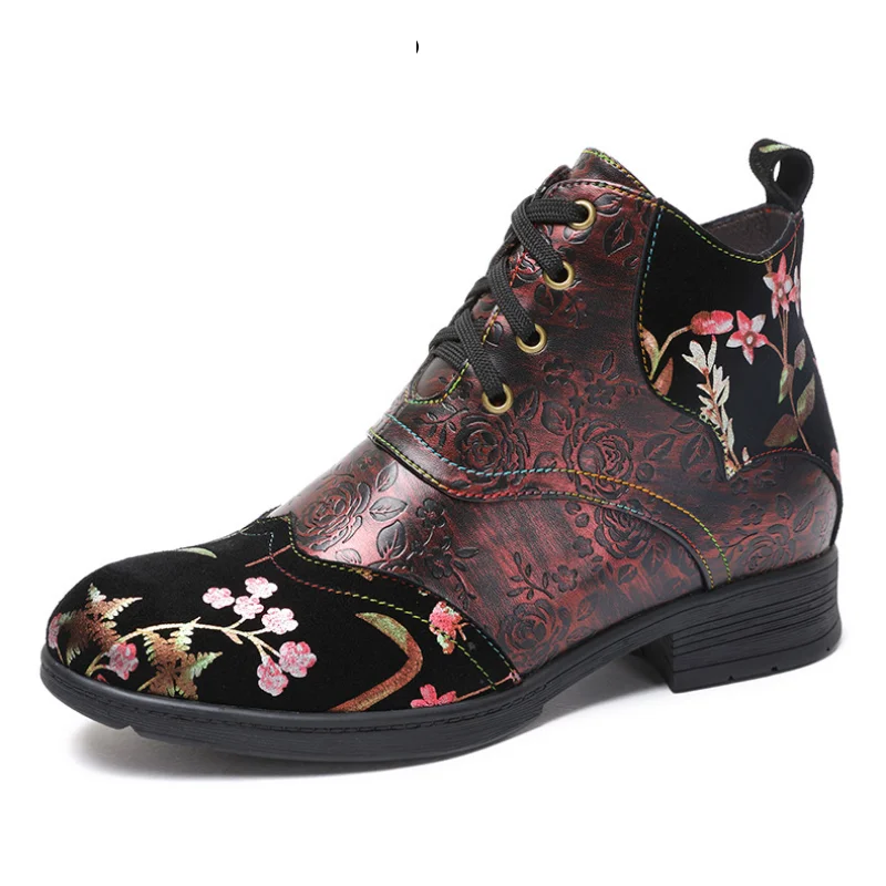 

Krasovki Booties for Women 3.5cm PU Genuine Leather Autumn Spring Moccasins Print Ethnic Comfy Flats Ankle Mid Calf Boots Shoes