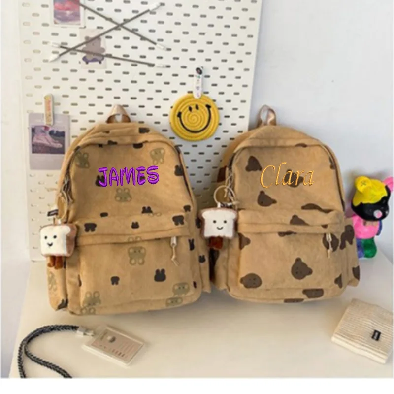 Personalized Cute Teddy Bear Corduroy Backpack For Women, New Fashionable Cartoon Backpack For Students, Class Backpack