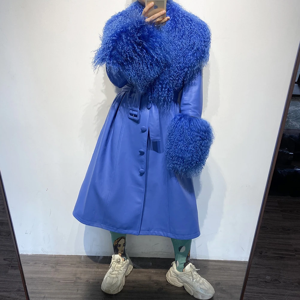 

Женский тренчкот Denny & Dora из натуральной кожи с меховым воротником из монгольской овцы