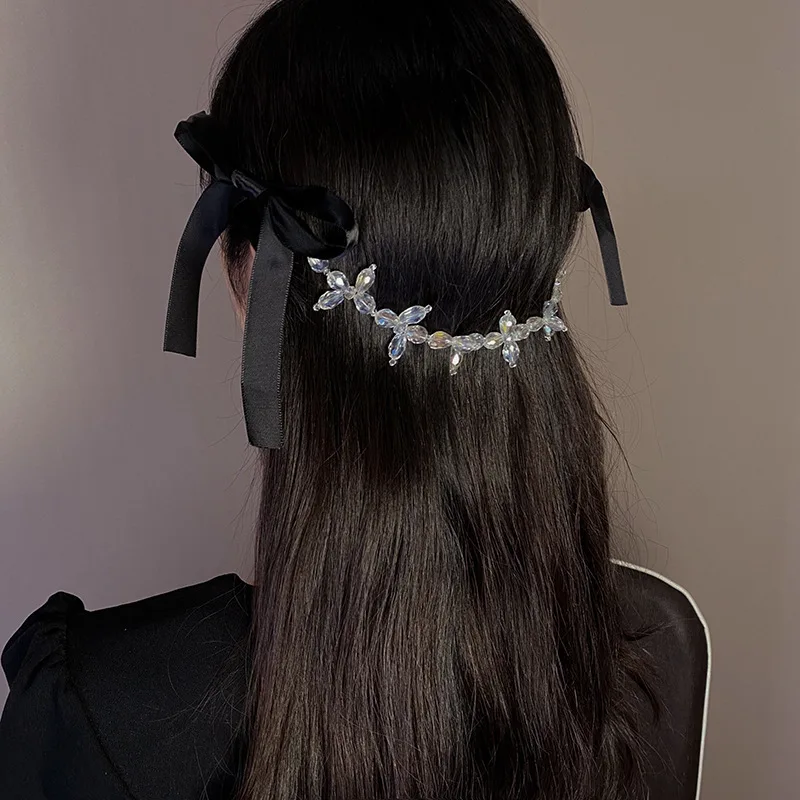 Vintage Black Velvet Bow Hair Ribbon Scrunchie for Women Girls Long Elastic Hair Tie Headwear Female Hair Accessories