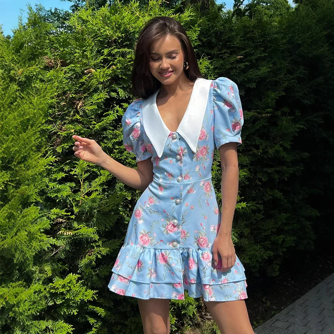 Floral Puff Sleeve Mini Dress V-Neck Ruffled Hem & Pearl Button Detail