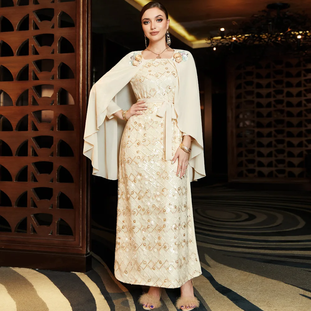 

Luxury Muslim Women Abaya Cape Dress Elegant Flower Sequin Chiffon Dresses Diamonds Middle East Arab Evening Party Gown Vestidos