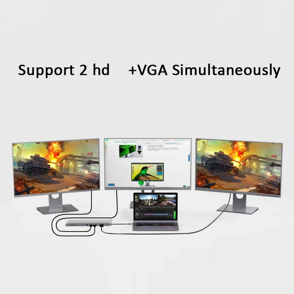 12 in 1 Type-C Dock HUB USB 3.1 to Dual HDMI-compatible 4K RJ45 VGA Multi USB Splitter Adapter Docking Station