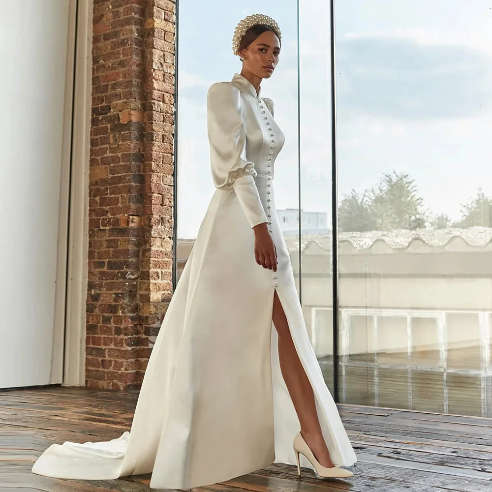 Muslim Ivory A-line Wedding Dresses O-Neck Floor Length Applique Lace Full Draped Pleat Tulle Brideing Dresses robe de mariée 2