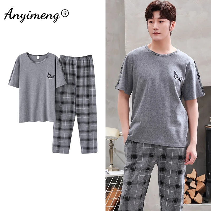 mens cotton pajama pants Mens Fresh Pajamas 3xl 4xl Sleepwear Short Sleeved Long Pants Cotton Leisure Pyjamas for Boy Plaid Pants Men Summer Nightwear mens pajama bottoms Men's Sleep & Lounge