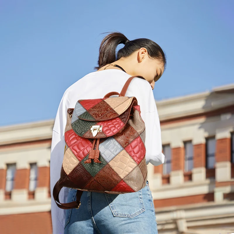 Backpack for Women Natural Cowhide Knapsack Women Girls Designer Travel Patchwork Female Backpacks For School Laptop Women Purse