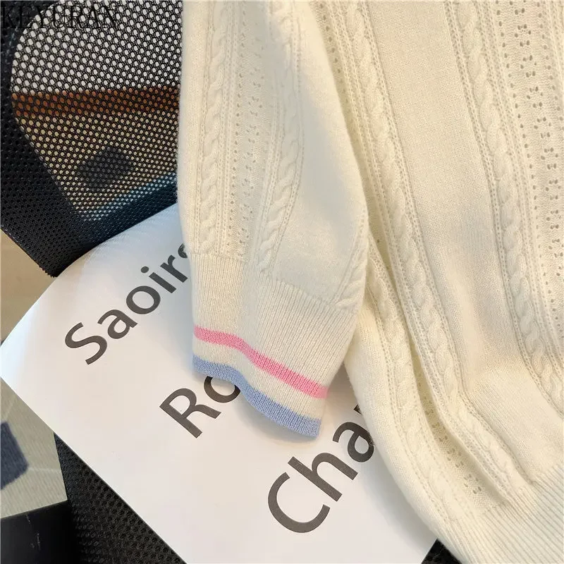 Polo Collar White Pullover Sweater Women Knitted T-Shirt Spring Summer 2023  Loose Casual Short Sleeve Knitwear Tops Woman Tees