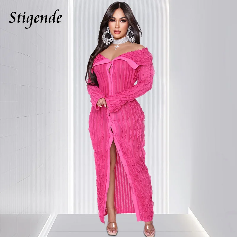 

Stigende Women See Through Mesh Ruffle Long Dress Single Breasted Multi Layered Dress Sexy High Split Transparent Club Dress