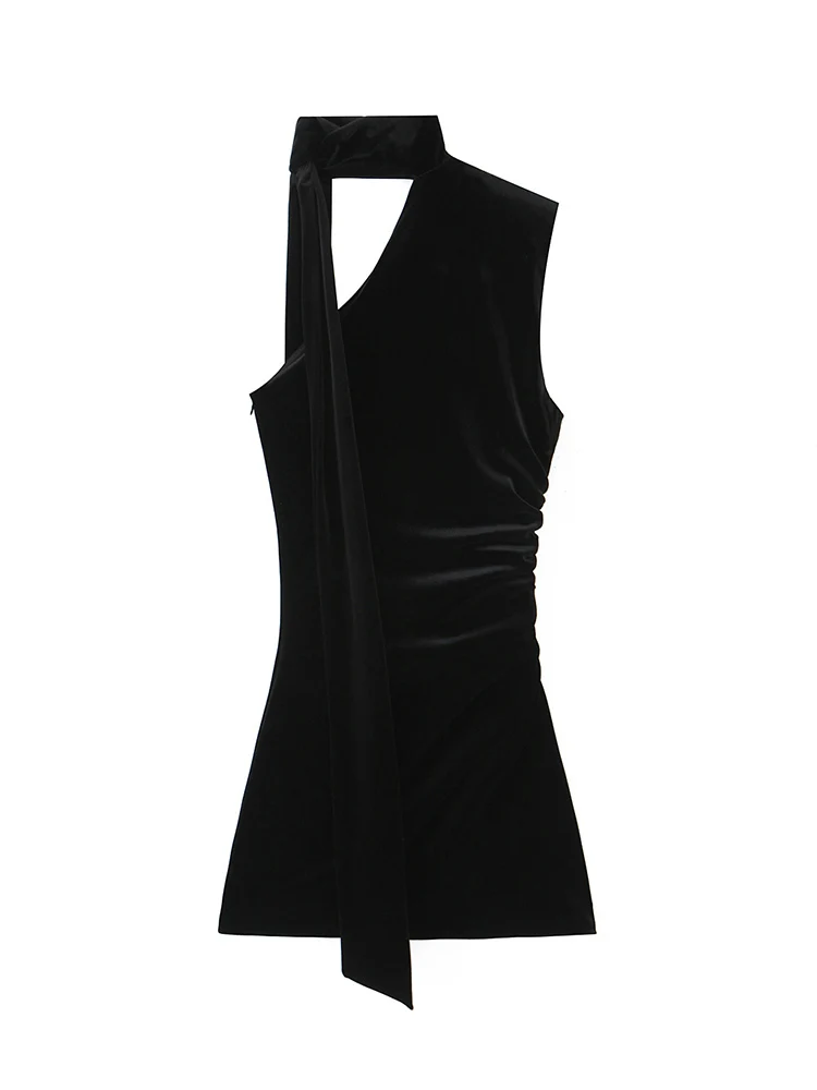 Women's Autumn Bodycon Mini Dress Velvet Irregular Halter Collar Scarf Decoration Solid Sexy Vintage Sleeveless Slim Dress