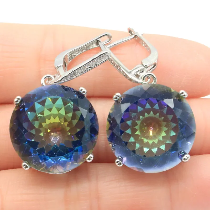 

35x20mm Big Round 20mm Jewelry Set Fire Rainbow Mystic Topaz Woman's Dating Silver Earrings Pendant