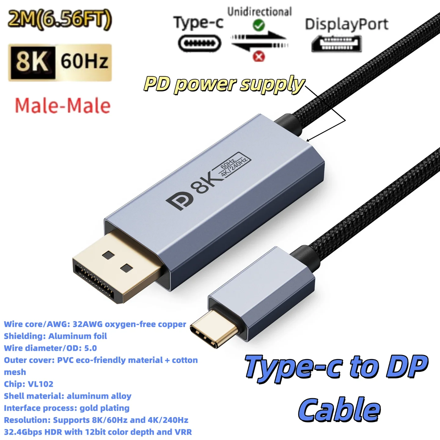 16K Typ-C auf DP 2.1 USB C auf DisplayPort-Kabel 16K@30Hz 8K@60Hz für Thunderbolt 4/3 54Gpbs MacBook Huawei Air Projektor PC TV – Detail 16