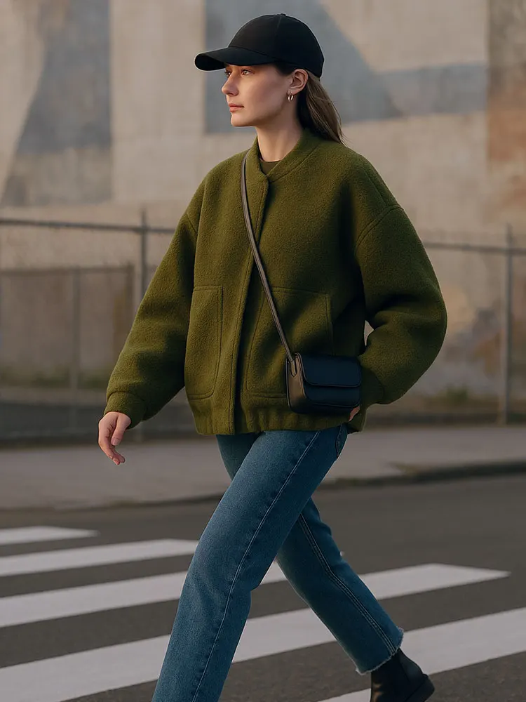 HH Women Fashion Bomber Jacket Vintage Solid Long Sleeve Single Breasted Coat Female Casual Loose Outerwear Chic Tops