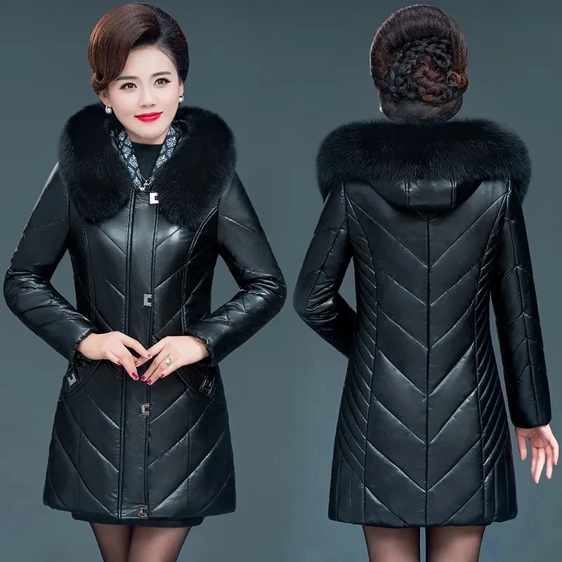 

Real Sheep Skin Temperament Down Jacket Women 2023 Winter New Medium Long Hooded Big Hair Collar Large Size Thick Leather Coat