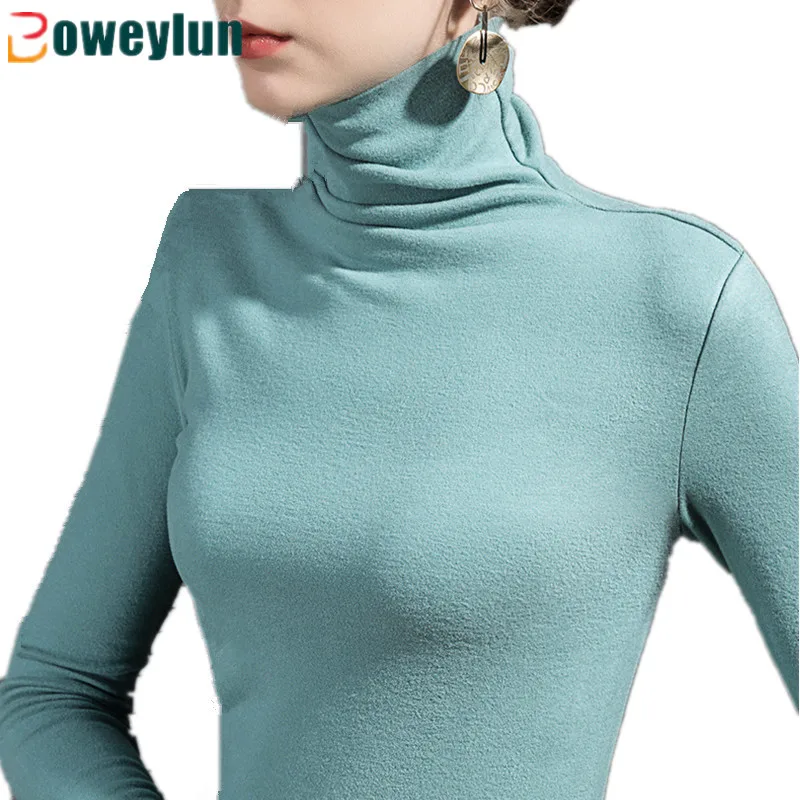 Boweylun Double-Fleece Pile Collar Warm Bottoming Shirt Women Slim German Velvet Grinding High Neck Tops Fall And Winter