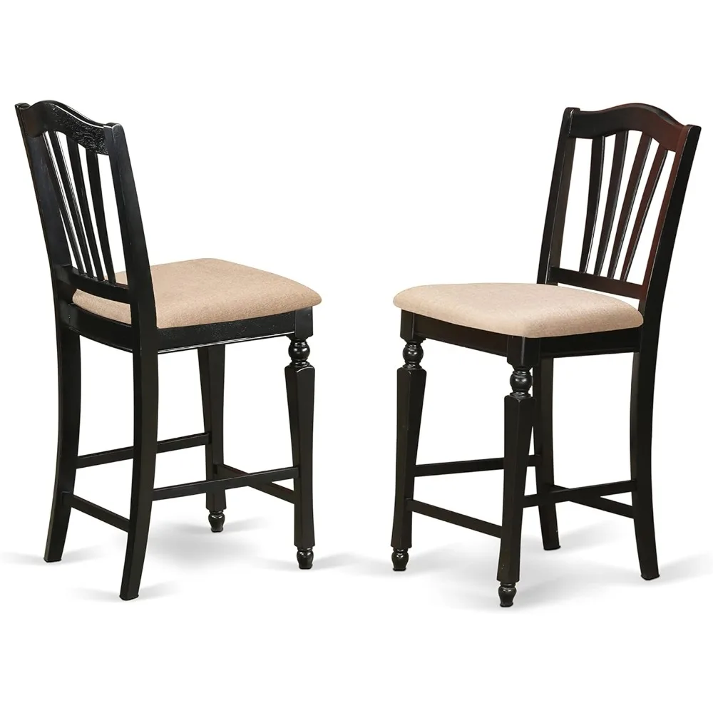 CHS-BLK-C Café Counter Height Kitchen Chairs - Linen Fabric Upholstered Solid Wood Chairs, Set of 2, 2